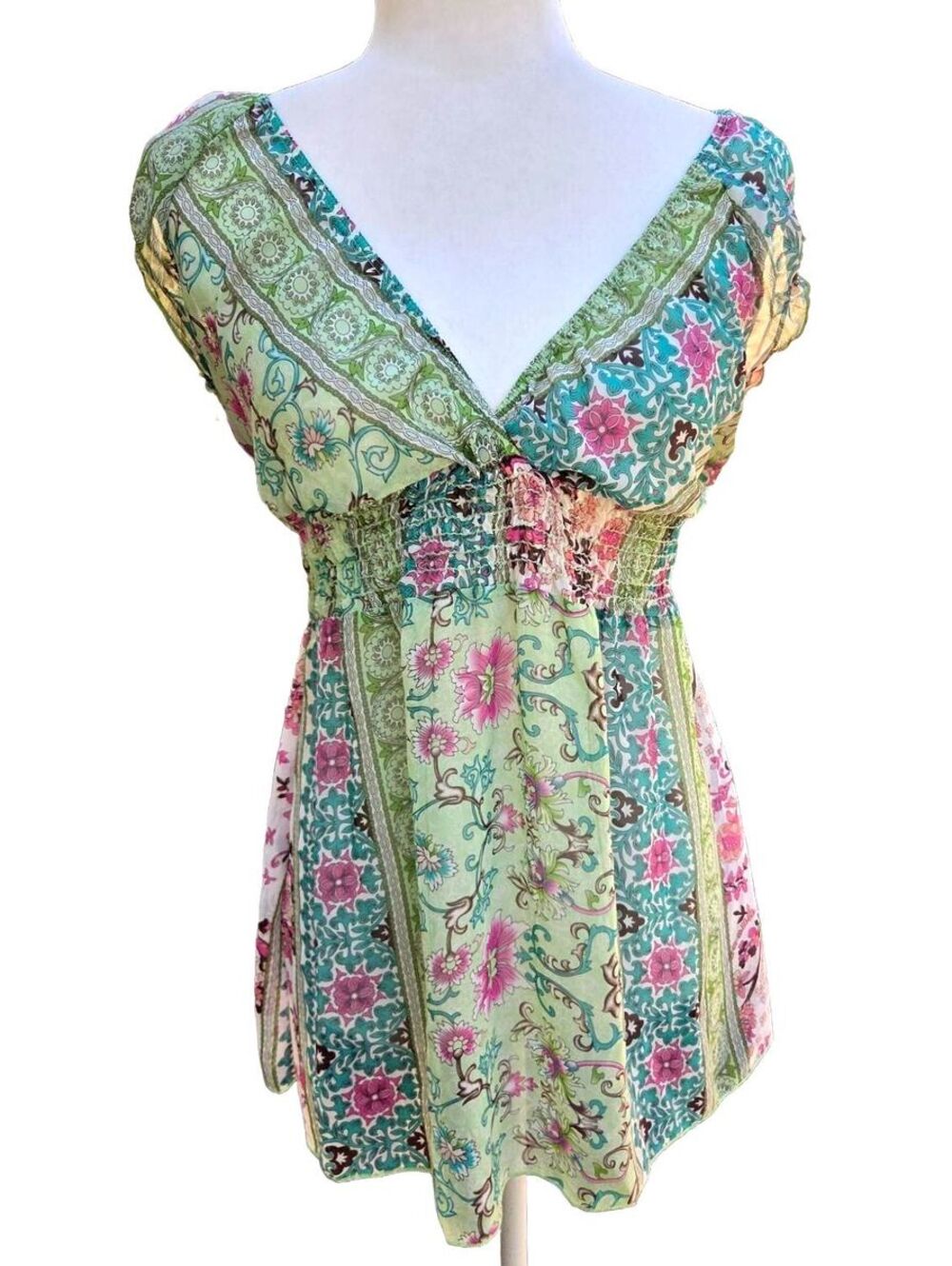 Y2K Vintage Green Pink Patchwork Boho Peasant Top Fairycore Smocked Waist M